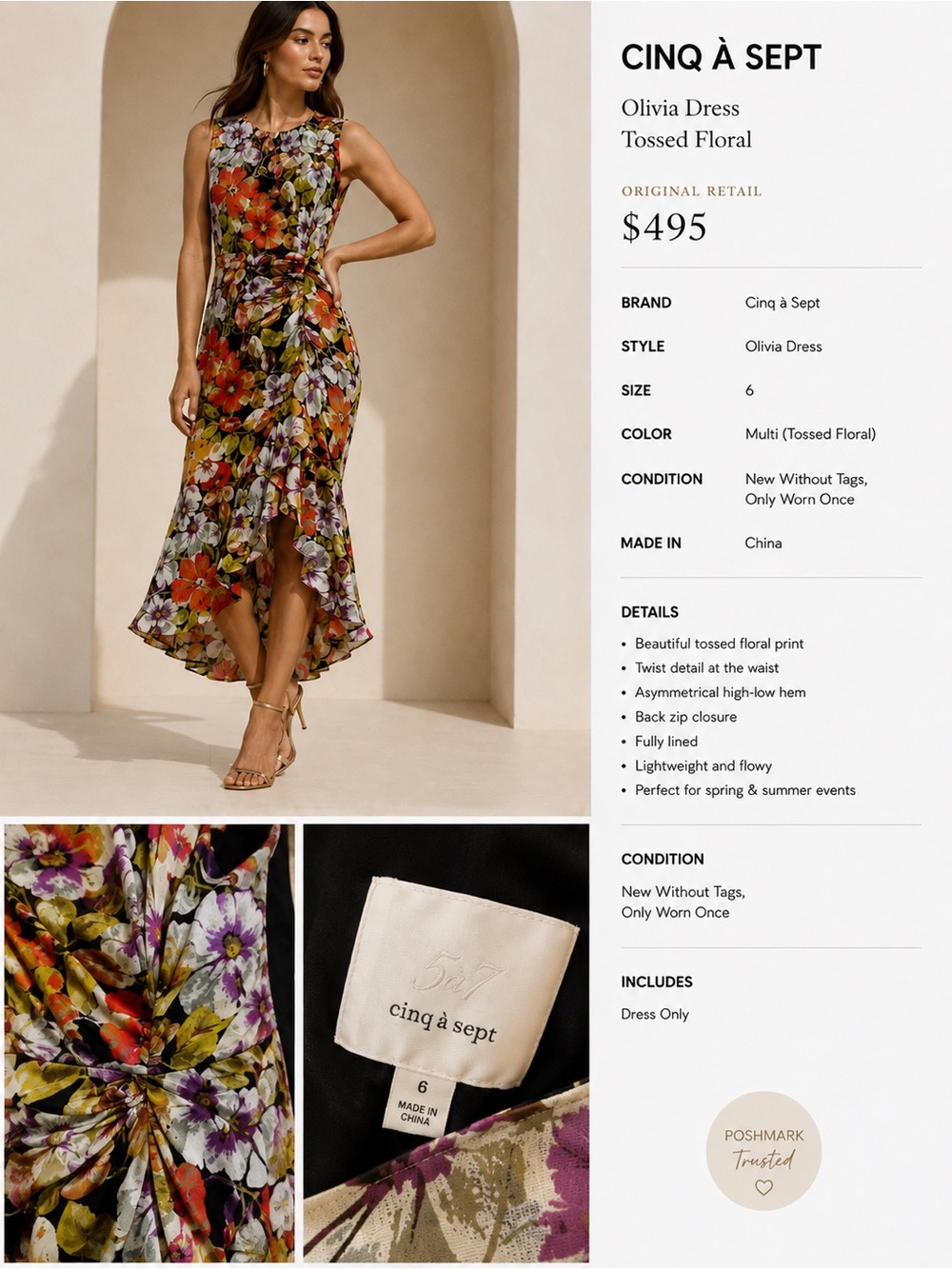 cinq à sept Floral High-Low Twist Waist Dress — Orange, Purple, Green, Cream